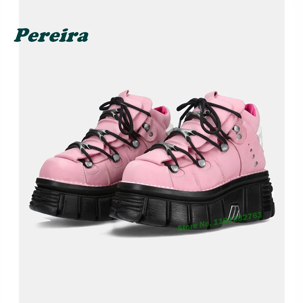 Pink Metallic Rock Ankle Boots Tank Soled Platform Punk Motorcycle Boots Spicy Girls Y2K Street Style Retro Women's Shoes Spring