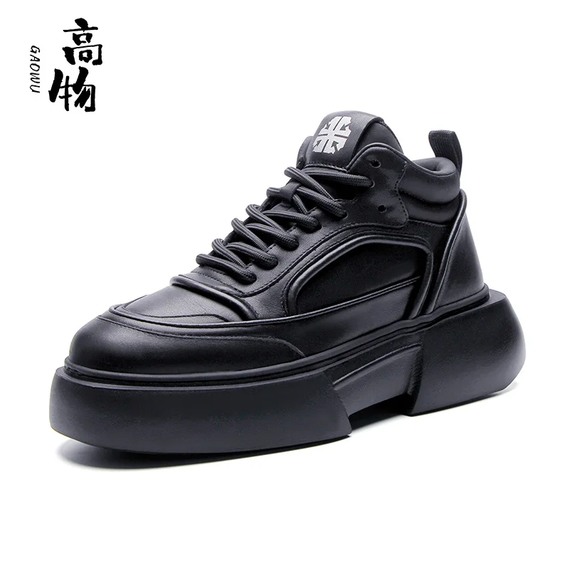 European station men\'s shoes high top shoes 2024 spring new real cowhide casual shoes breathable comfortable board shoes thick