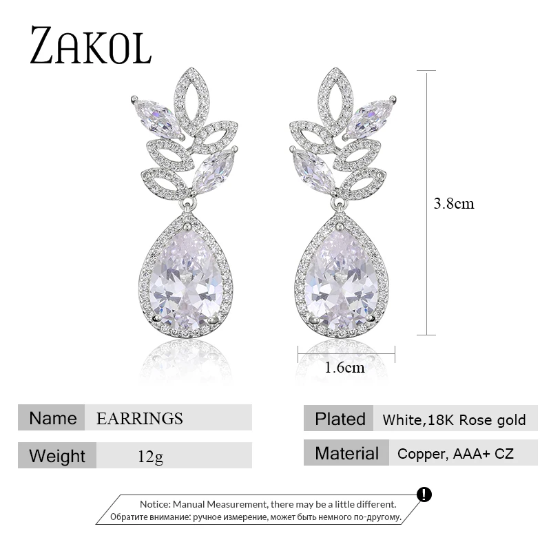 ZAKOL Luxury Water Drop Leaf Cubic Zirconia Bridal Dangle Earrings for Women Temperament Wedding Engagement Jewelry Gift