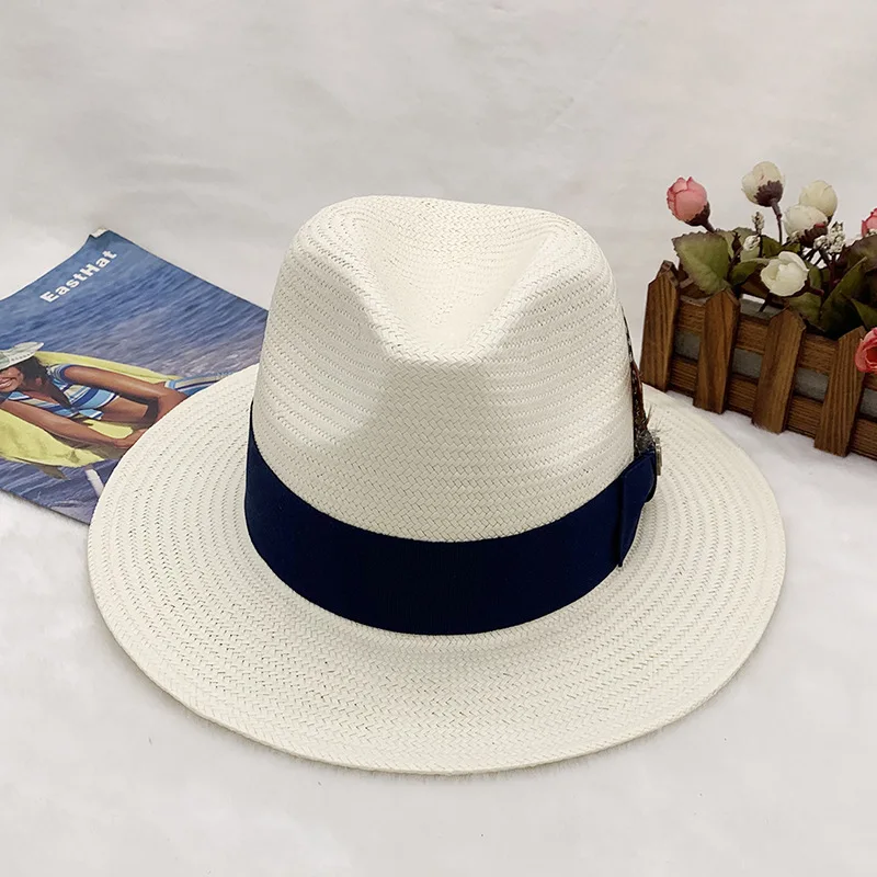 High-end Panama Straw Hat Hot Sale Striped Bow Flat Side Jazz Straw Hat Fine Hand Knitting