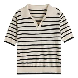 Summer 100% Cotton T-shirt Women Clothing Korean Style POLO Collar Striped Short Sleeve T-shirts Crop Top Female Cotton Tee