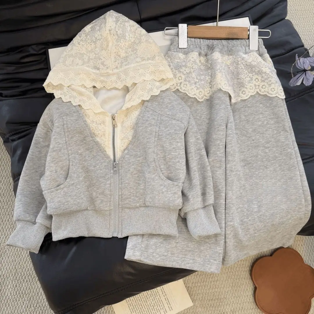 Girls Spring Autumn Hoodie Lace Cardigan Jacket Coat Kids Fashion Two Piece Set Clothing