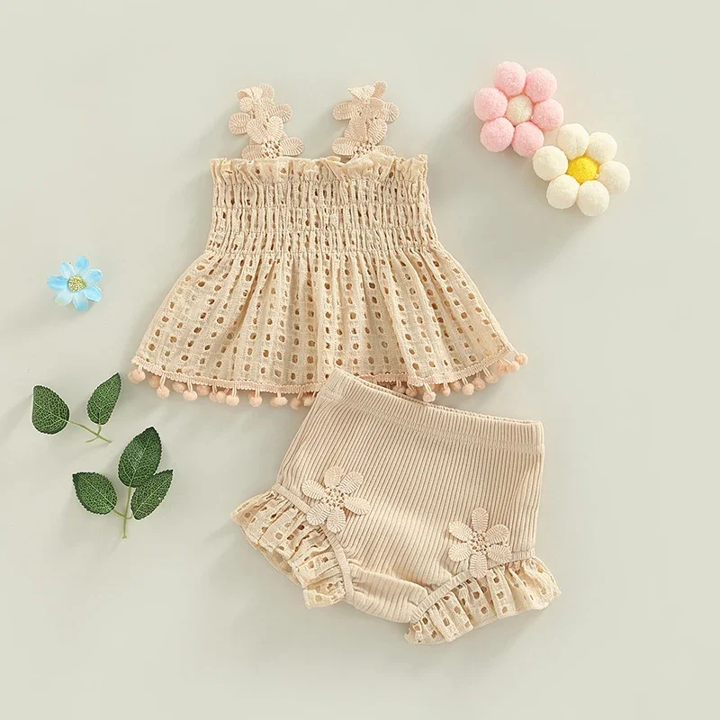 Toddler Baby Girls Summer Outfit Solid Color Cutout Pleated Tank Tops and Stretch Casual Ruffle Shorts Children's Clothing Set