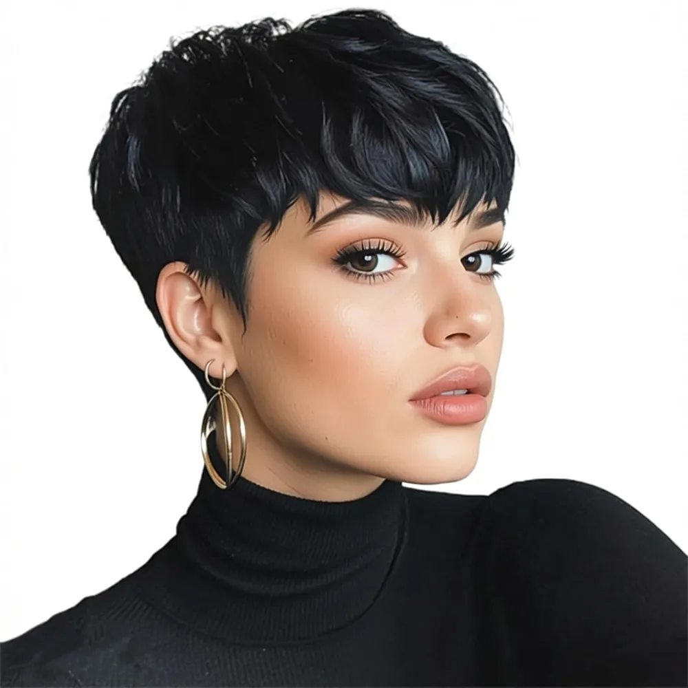 

Короткие прямые парики из натуральных волос для женщин, цвет 1b30, плотность 150%, машинная работа, стрижка пикси.