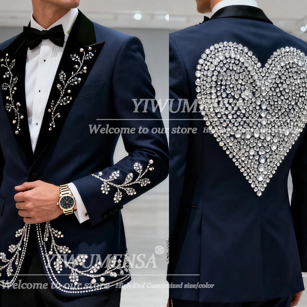 

Glittering Rhinestones Beaded Suits Men 2 Piece Single Breasted Prom Blazers Customized Groom Wedding Tuxedos Terno Masculinos