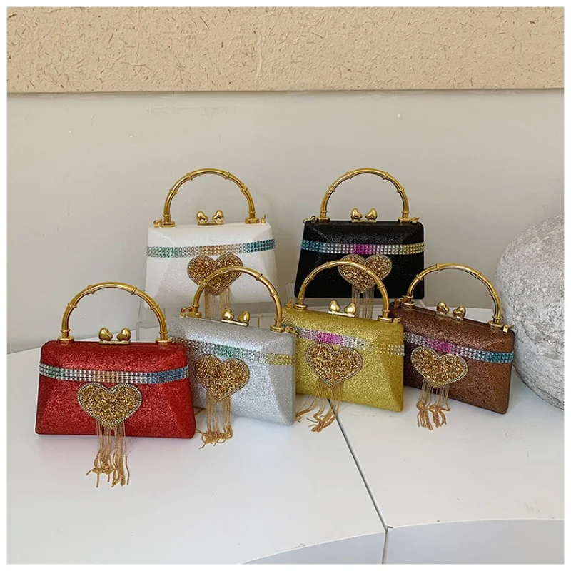 Luxury Heart Shaped Rhinestone Handbag with Bamboo Handle Evening Clutch Tassel Chain Wedding Party Mini Shoulder Purse for Wome