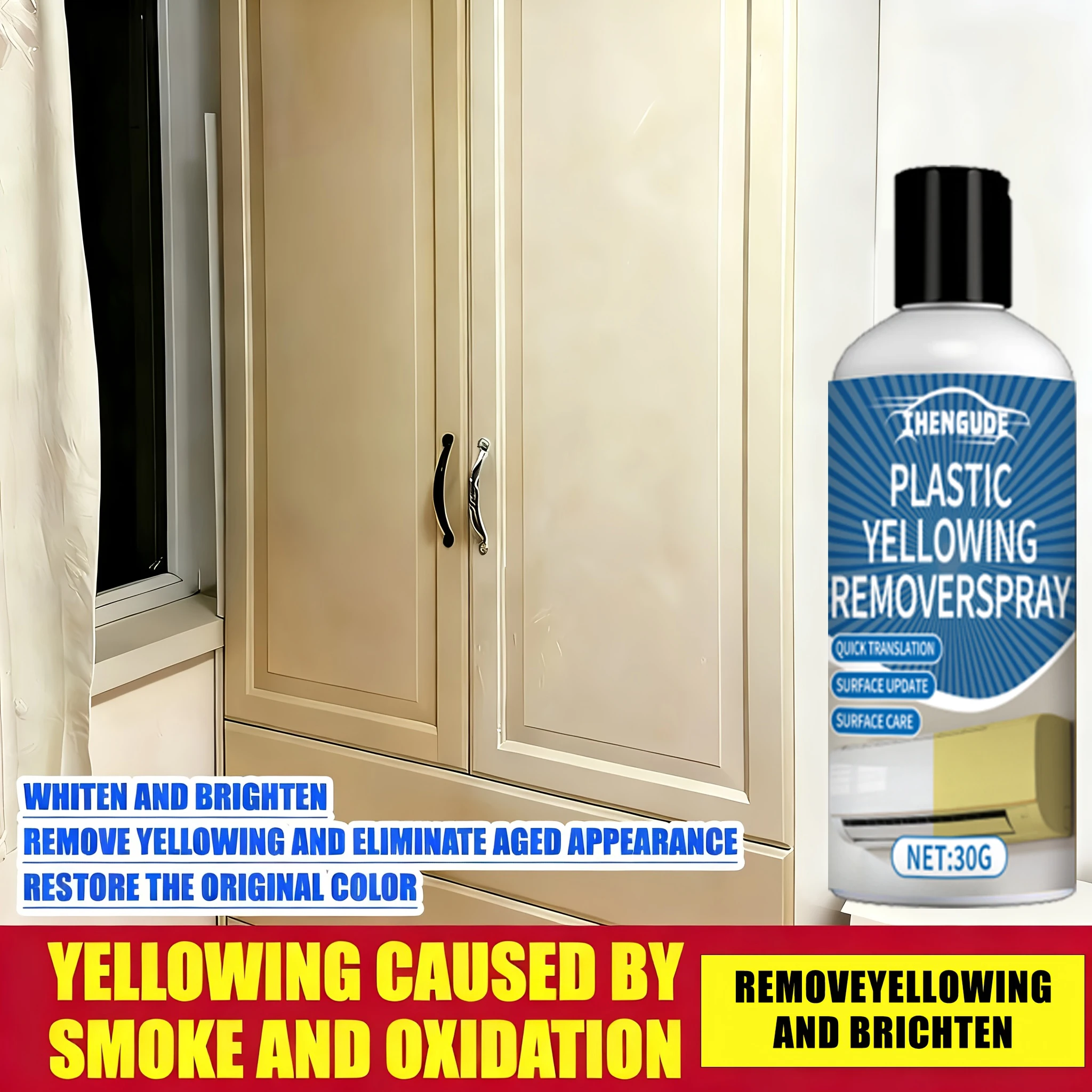 30ml Plastic Yellowing Removal Spray - Instantly Restores the Shine and Solves Discoloration Issues for Car Lights, Air Conditioning Units, Car Panels, and White Appliances - Easy to Spray, Suitable for Plastic Surfaces, Yellowing Repair Solution