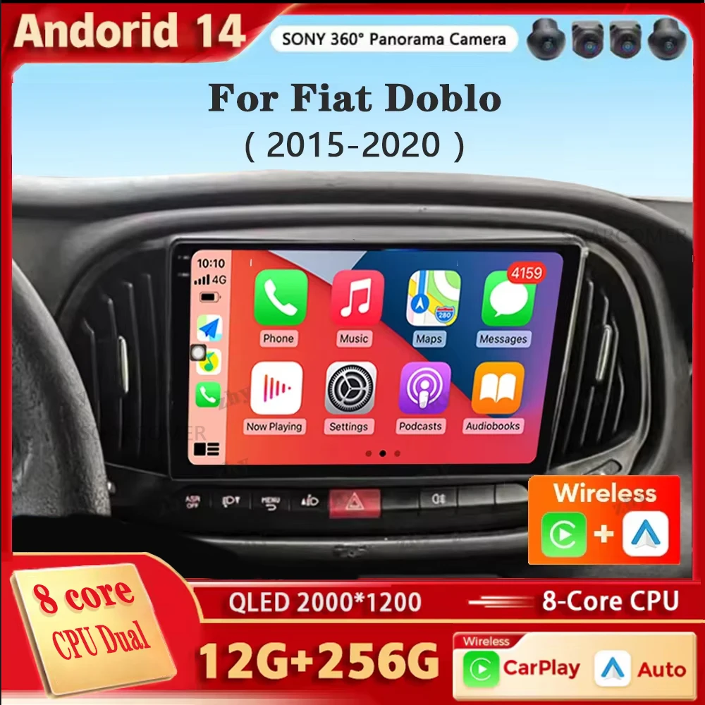 Autoradio Carplay Android 14, WIFI, 4G, Lecteur Vidéo Stéréo, Caméra 2015, Limitation GPS, Fiat Doblo 2016, 2017, 2018, 2019, 2020, 360