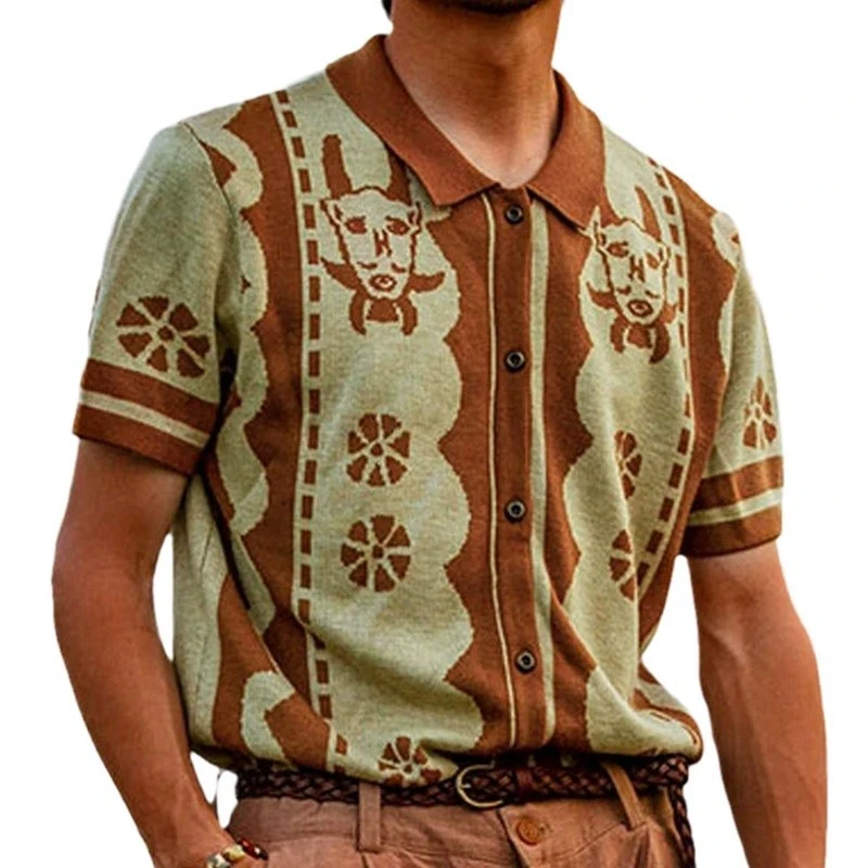

Men's Summer New Style Jacquard Fashion Men's Knitted Shirt Flip Collar Cardigan Short Sleeve Polo Shirt T-shirt
