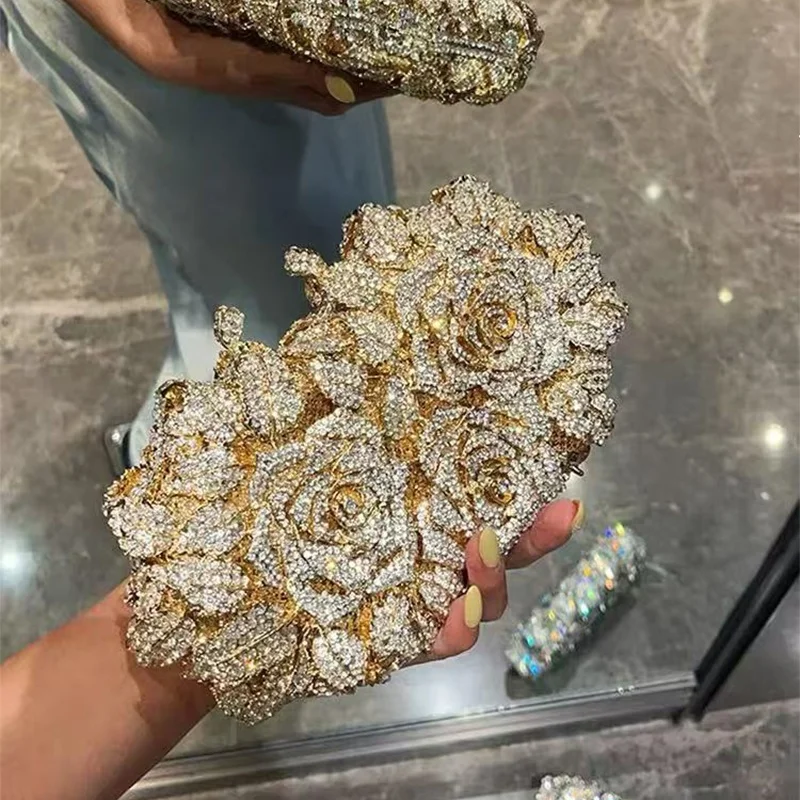 2026 new high-end retro rose rhinestone flower design banquet handbag crossbody shiny crossbody bag