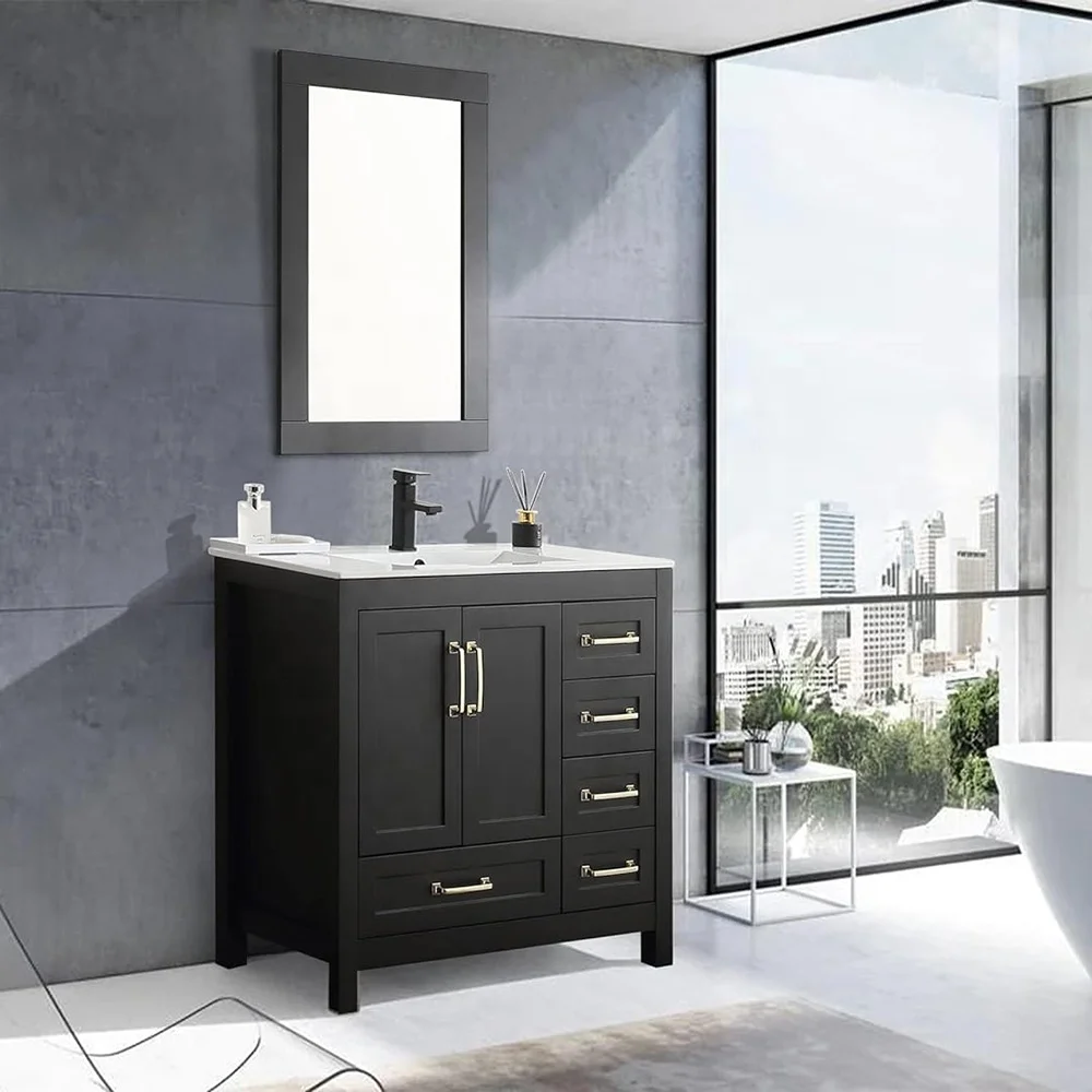 *-36 Inch Black Shower Bathroom Combo Set Eco Friendly MDF Spacious Storage Space Vanity Cabinet%
