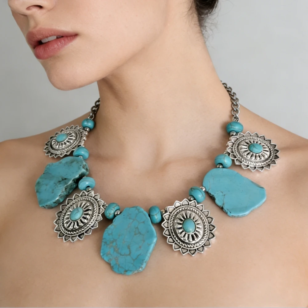 Bohemian Ethnic Turquoise Large Collar Choker Necklace Women Indian Silver Plated Vintage Statement Necklace Ladies Jewelry