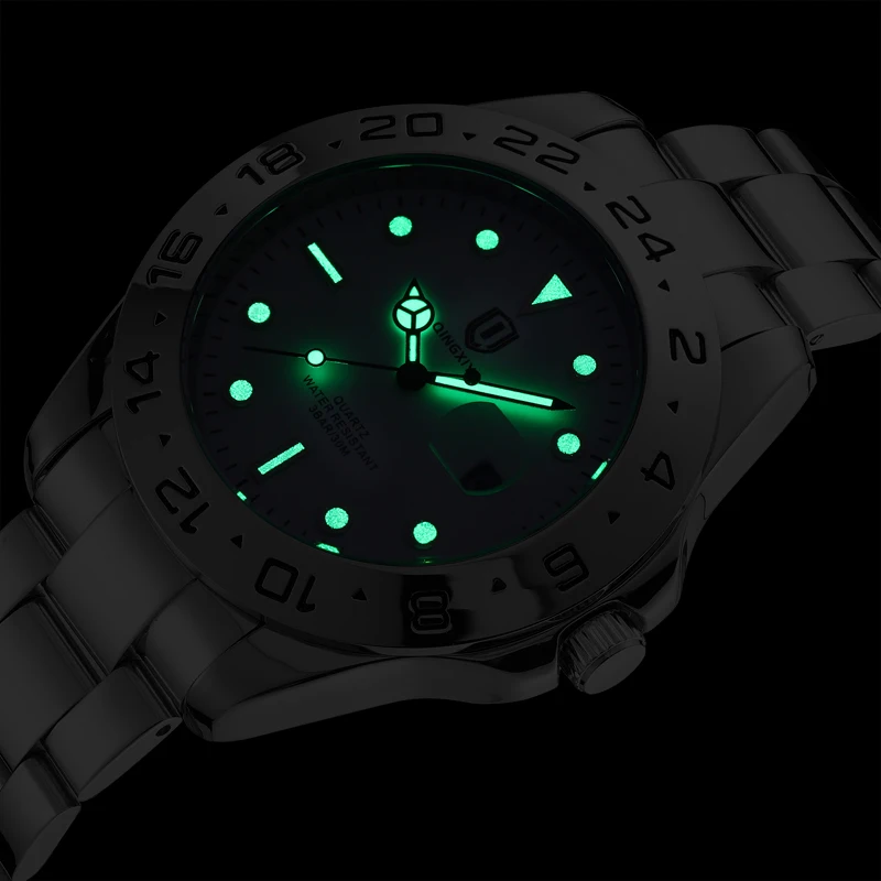 QINGXIYA Top Brand Luxury Solid Stainless Steel Quartz Watch for Men Waterproof Luminous Hands Date Sport Wristwatch Mens Clock