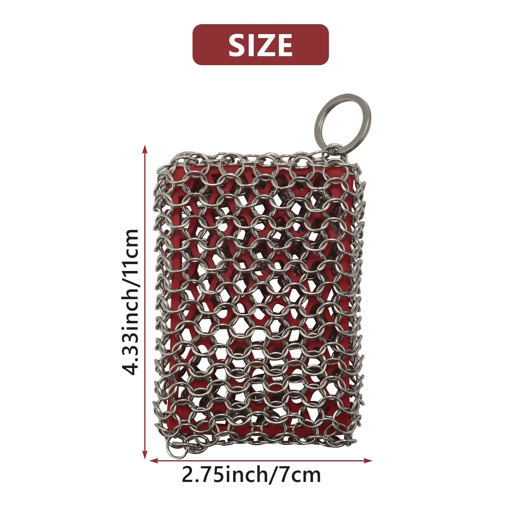 Cast Iron Skillet Cleaner,316 Stainless Steel Chainmail Cleaning Scrubber Silicone Scrubber,for Kitchen Cookware (Red)