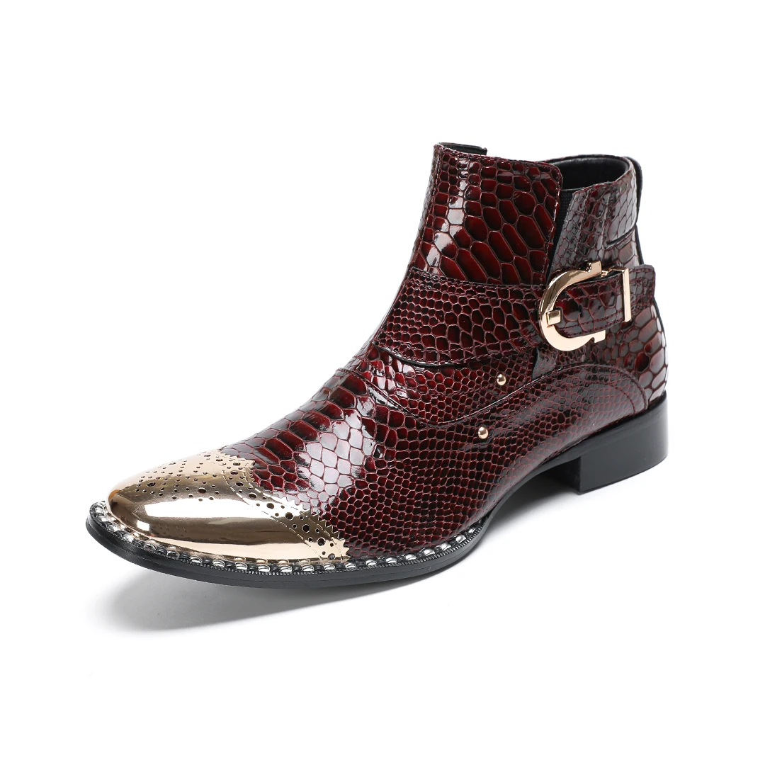 New Men's Mid-Calf Boots with Metallic Toe Cap Genuine Leather Snakeskin Embossed Detail Low Heel Side Zipper - Party Punk Style