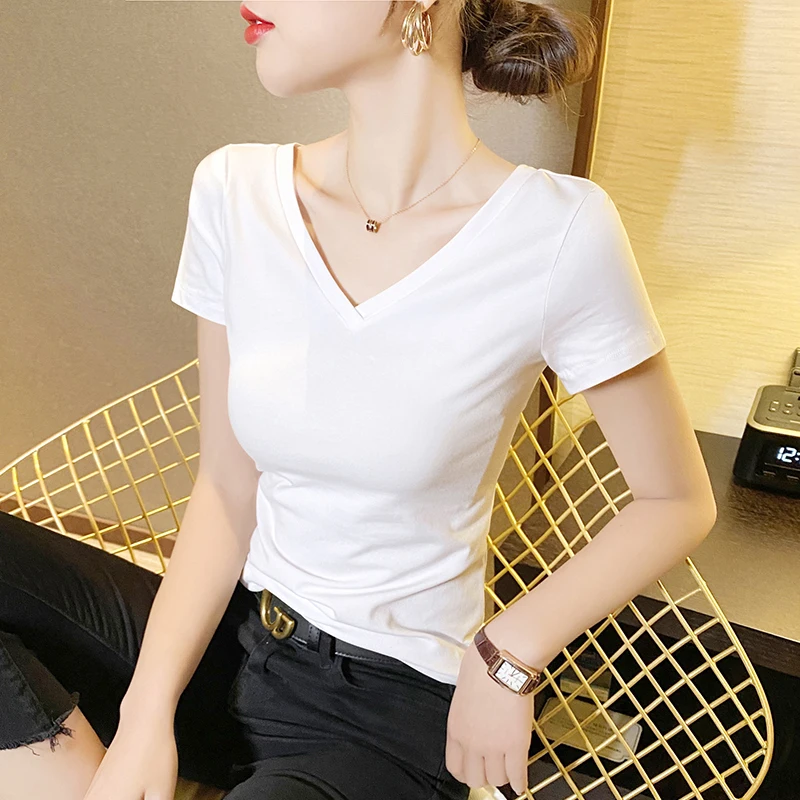 women\'s white cotton t-shirtBlack V-Neck Short Sleeve Female Tee Slim White T-Shirt Casual Solid Lady Tshirt Tops