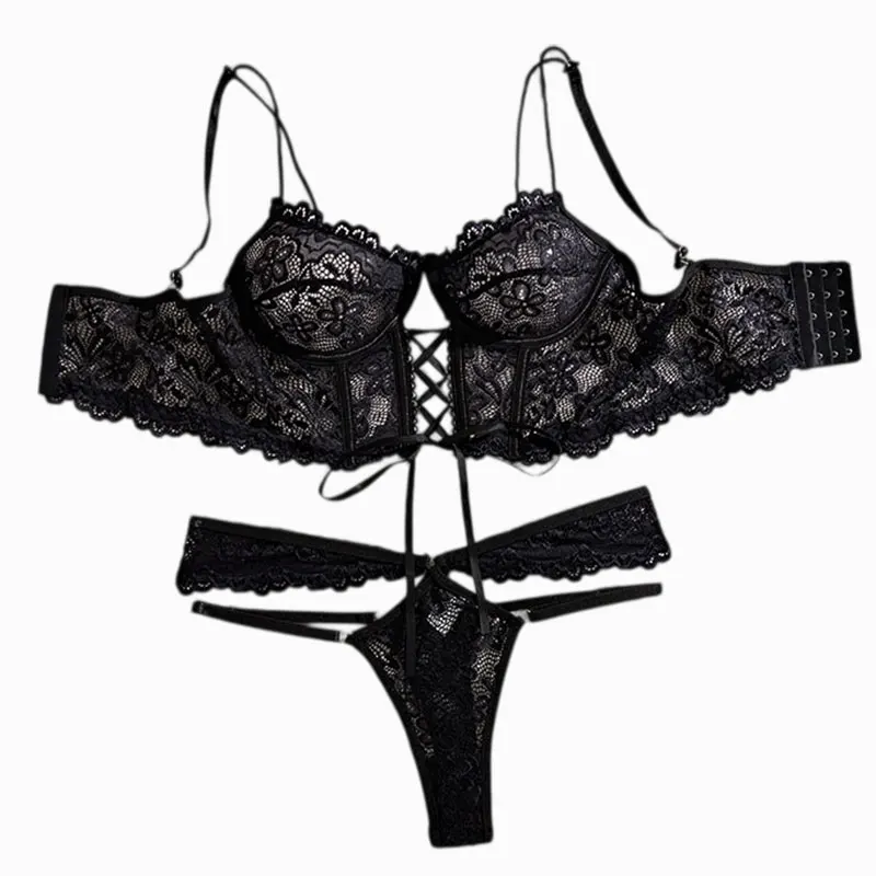 Lace Push Up Seamless Bras Women Lingerie Sets Sexy Lace-Up Corset With Underwire Five Breasted Pull-Up Shapewear Thin Bra Thong