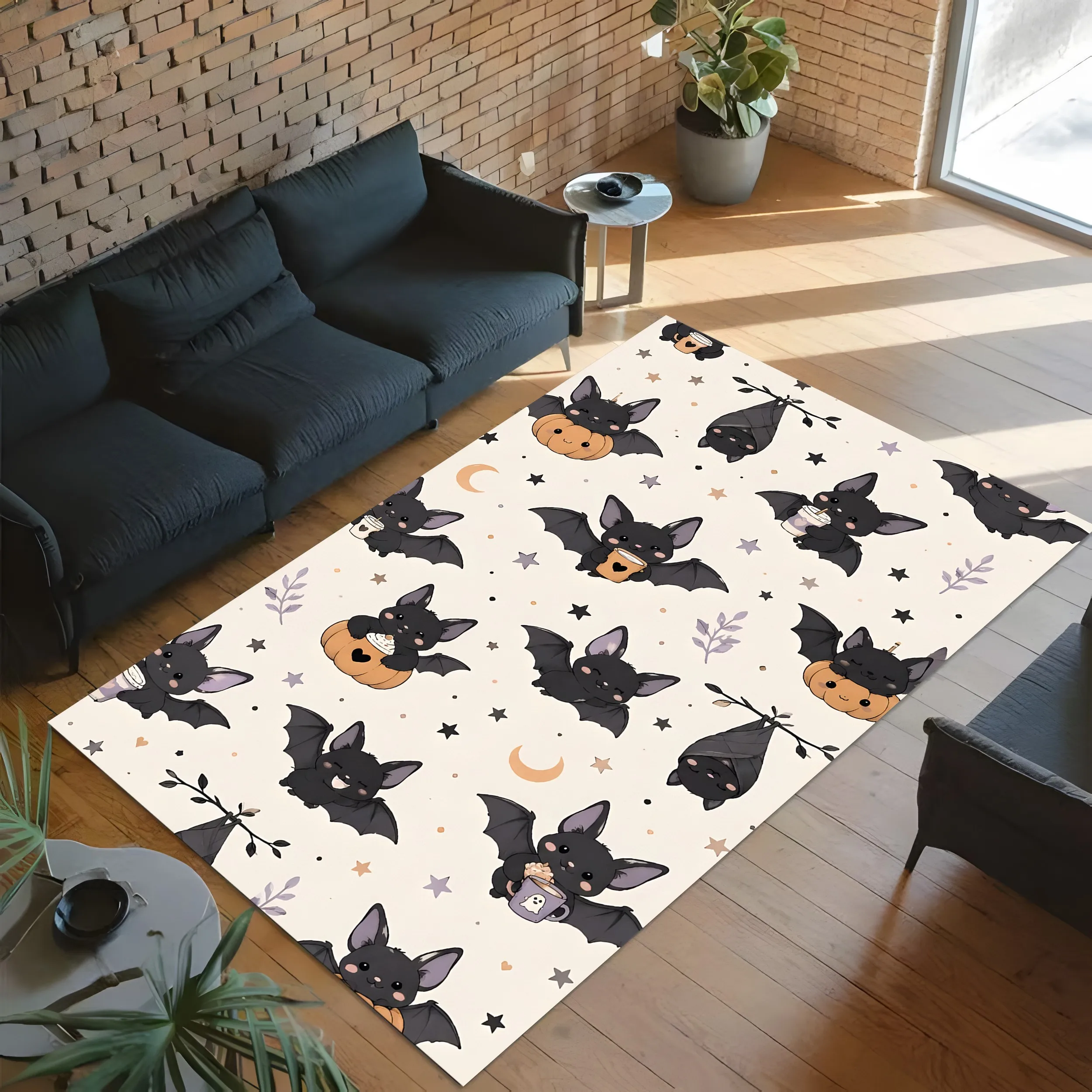 2D Carpet Features Adorable Bat Pumpkin Star Moon Prints Creating Cute Soothing Charming Halloween Atmosphere