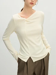 FSLE Women Beige Cotton Long Sleeve Tops 2025 Spring Female Black Pullover Top Irregular Collar Design Women T-Shirt 25FS11211