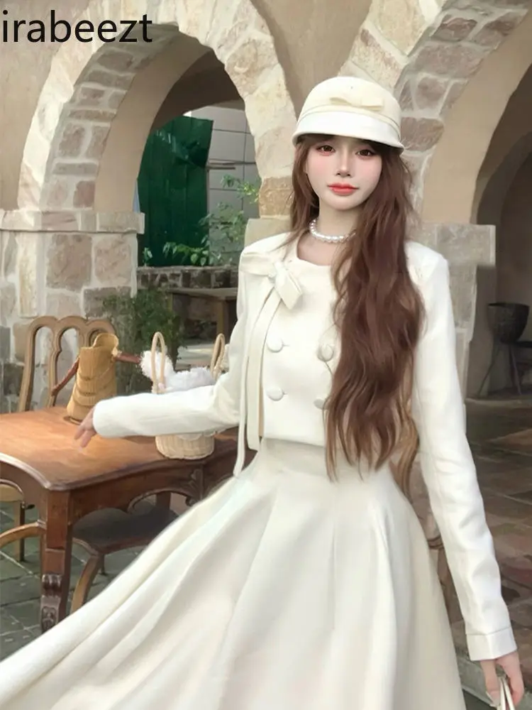 French Pearl Bow Breasted A-line Silhouette Long Skirt Fashion Set Retro Two-piece Women White Suit Women Blazer Set