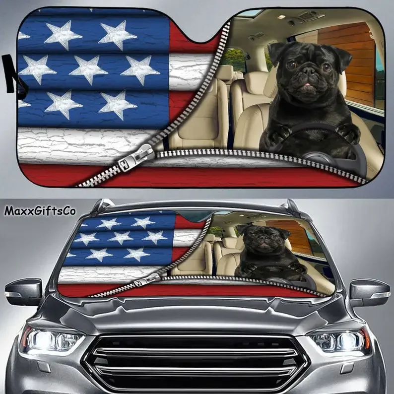 Black Pug Car Sun Shade, Dog Windshield, Dog Sunshade, Dog Car Accessories, Car Decoration, Gift For Dad, Mom