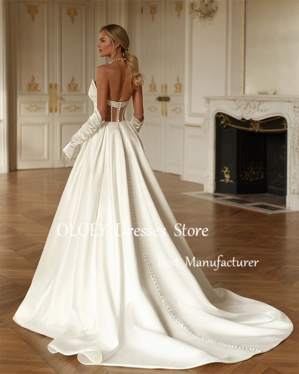 OLOEY Luxury Ivory A Line Wedding Dresses V Neck Pleats Satin Bridal Gowns Sleeveless Side Slit Floor Length Buttons Customized