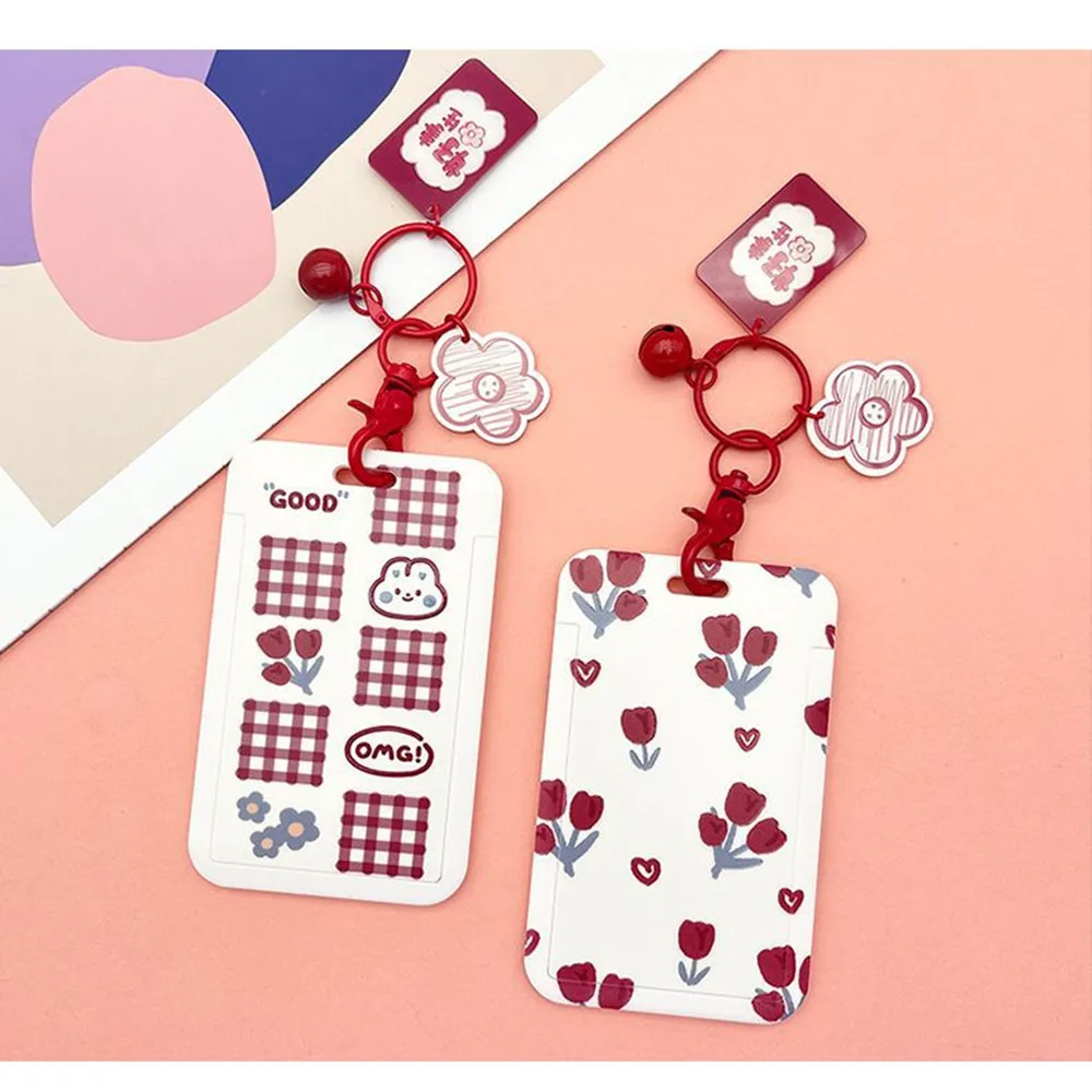 Little Red Flower Bank Card Protector Work ID Card Tag Campus Meal Card Bus Subway Card Holder Keychain Office School Supplies