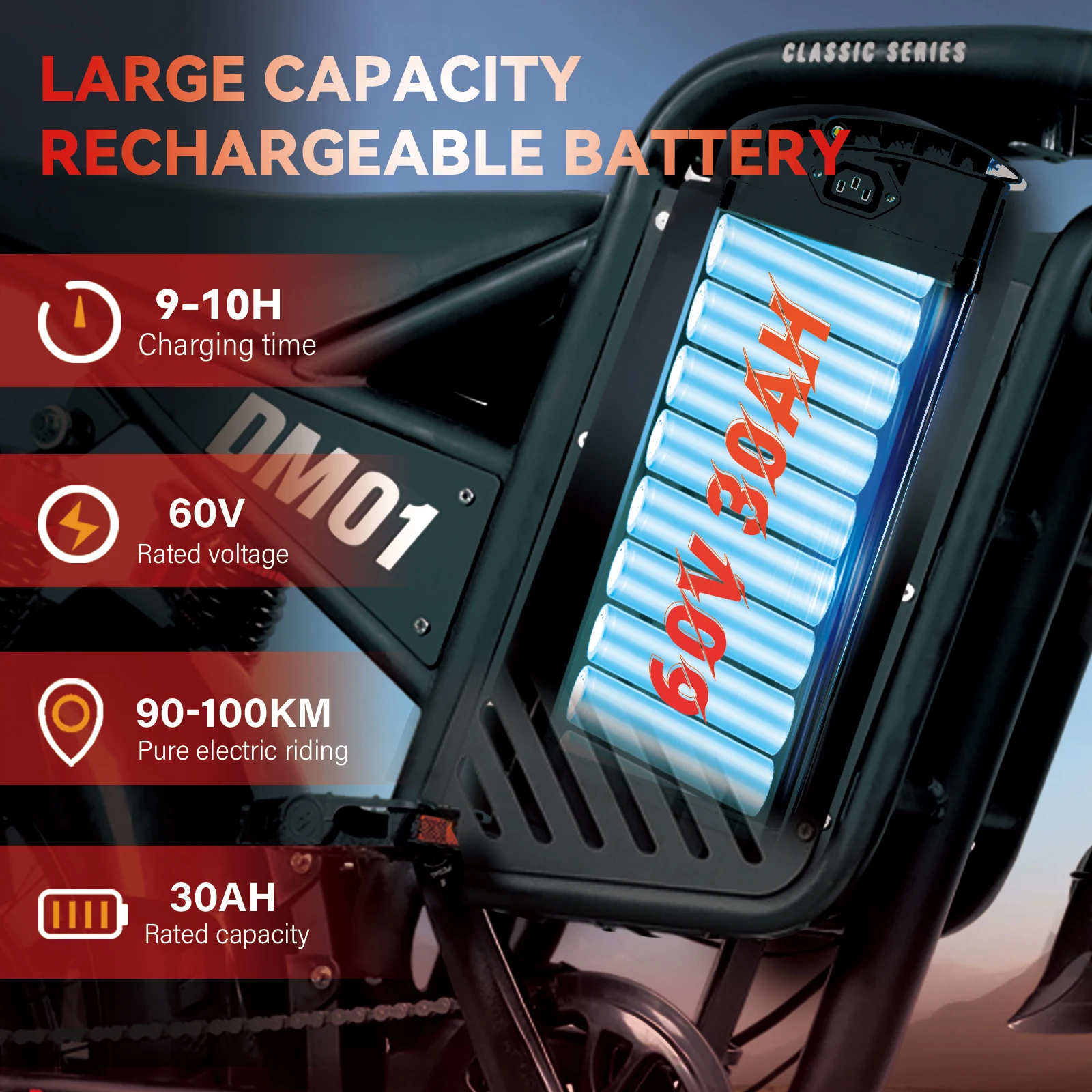 【1 Year Warranty】BAOLUJIE DM01 Moto Electric Bicycle 60V 30AH Battery 42 MPH Electric Bike E-Bike Adult for Electric Motorcycle