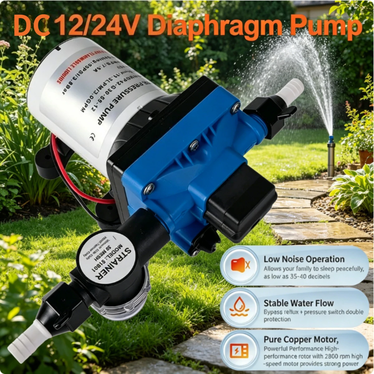 

12V/24V RV Marine Water Pump - Self-priming High Pressure DC Diaphragm Pump