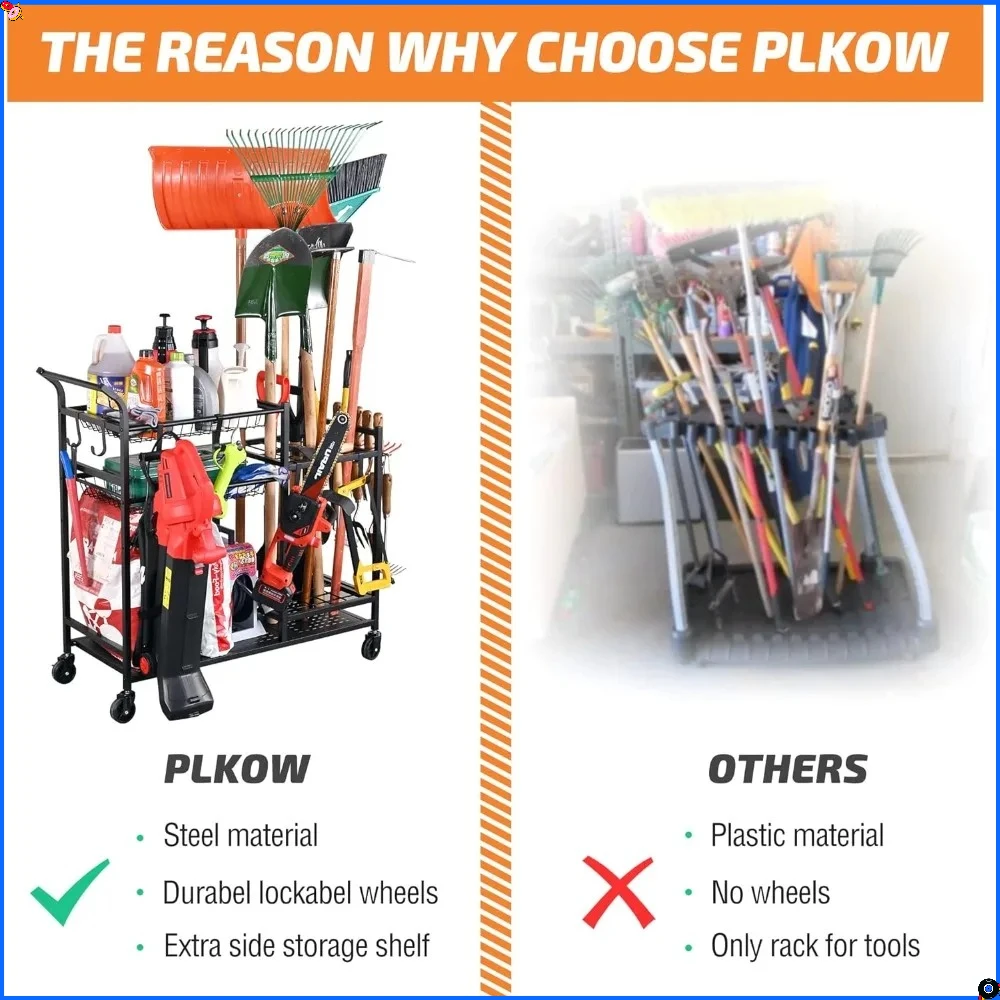 منظم أدوات الحديقة بعجلات - يحمل مكابس، مجرفة، سماد، 15.8 بوصة عمق × 44 بوصة عرض × 39.8 بوصة ارتفاعًا