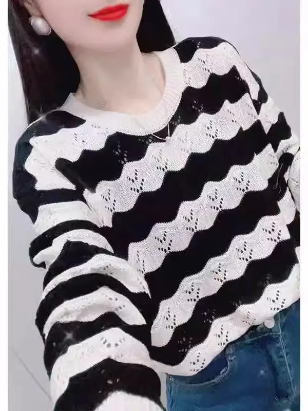 Women's Long Sleeve Hollow out round Neck Knitwear Casual Versatile Slimming Top Spring Autumn Korean Style Fashionable