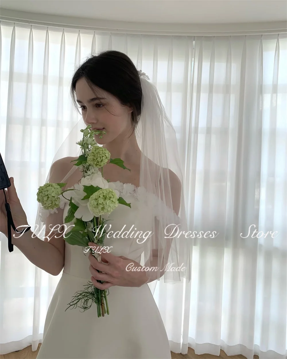 TULX Elegant A-line Satin Wedding Dresses Korea Photo Shoot Strapless Adjustable Shawl Long Bridal Gown Corset Customized 웨딩드레스
