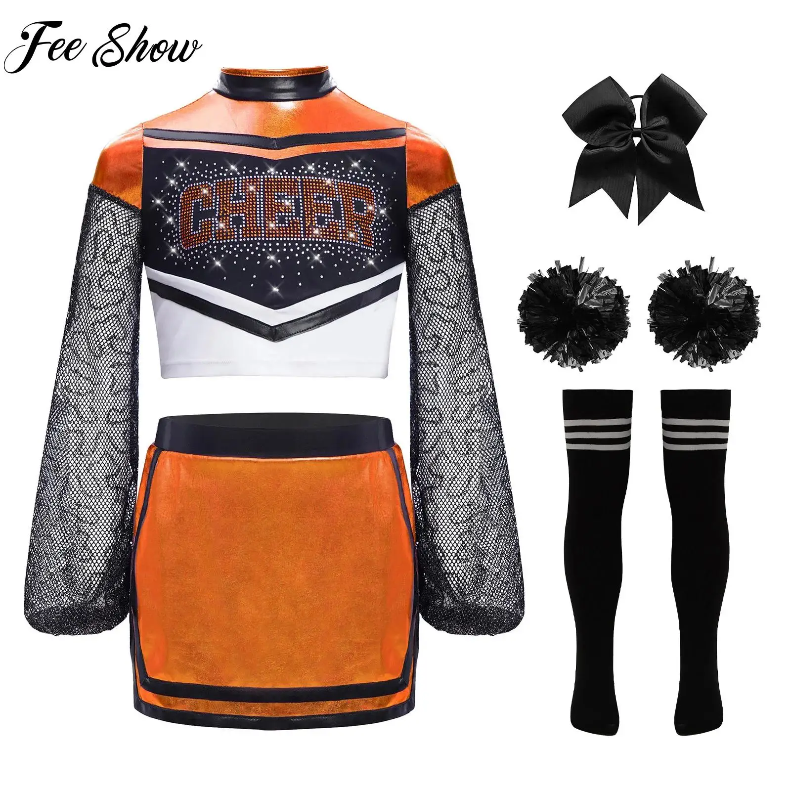 

Kids Girls Cheerleading Uniforms 2pcs School Cheer Dance Outfit Shiny Rhinestone Hollow Out Mesh Crop Top+Skirt+Accessories Sets