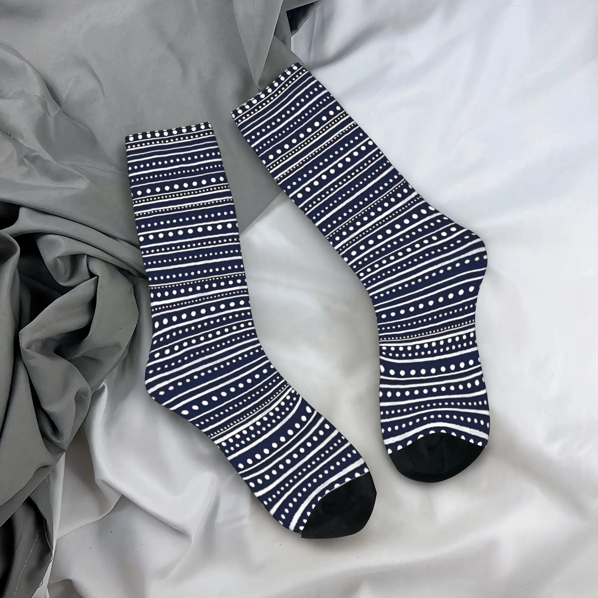 Women Men Socks Bamako Textured Stripes And Dots In Nautical Navy Blue And White Stockings Anti Bacterial Soft Socks Autumn Sock