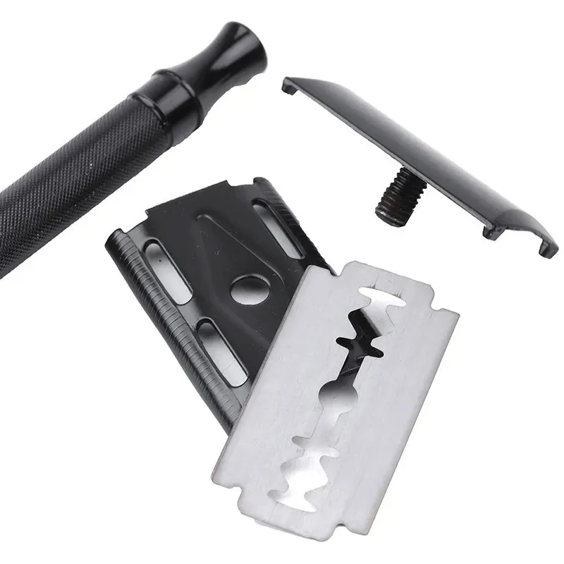 Klassischer Herrenrasierer, milder Haarentfernungsrasierer, Doppelschneide-Rasierer aus Edelstahl mit 1 Stück titanbeschichteten Klingen, Rasierer