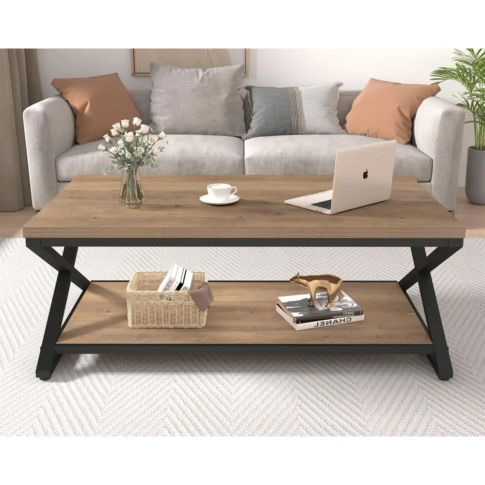 Rustic Wood Coffee Table, Modern Farmhouse Living Room Table, Minimalist Center Table with Storage & Display Shelf, 2 Tier Simp