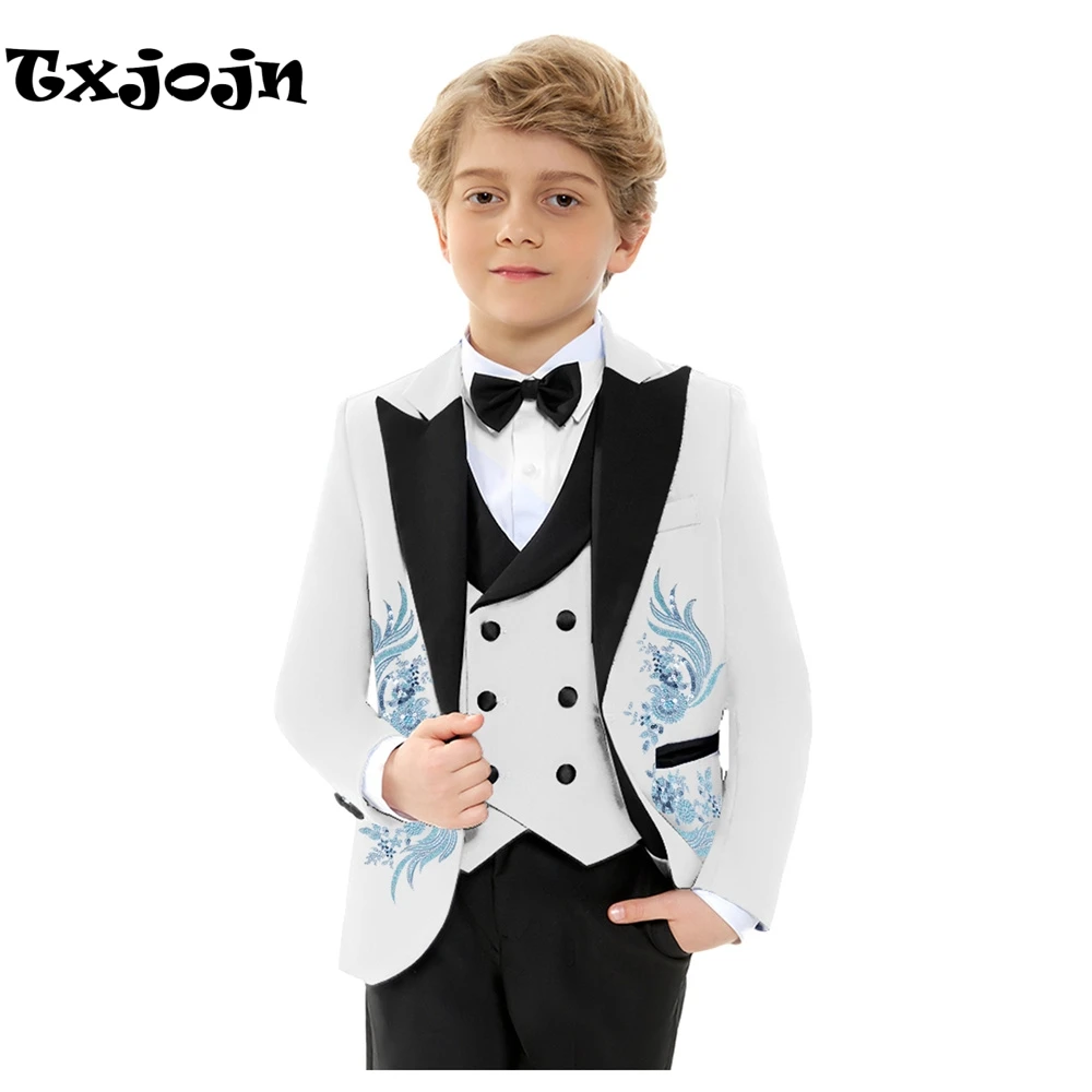

High Quality Beaded Appliques Boys Suits 4 Pieces Wedding Ring Bearer Outfit Handsome Peak Lapel Suit Set For Kids Catwalk Show