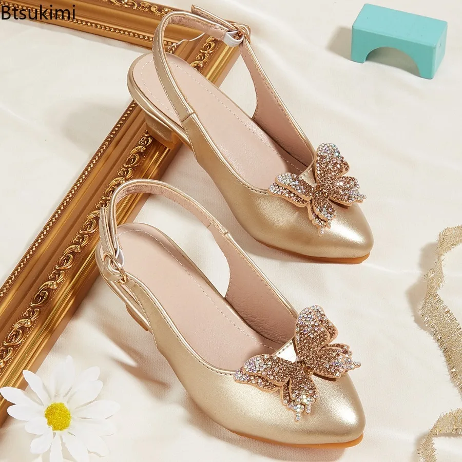 2026 New Girls' Princess Shoes Fashion Pointed-toe Rhinestone Butterfly Children's High Heels Girls Party Sandals for Ages 7-12T