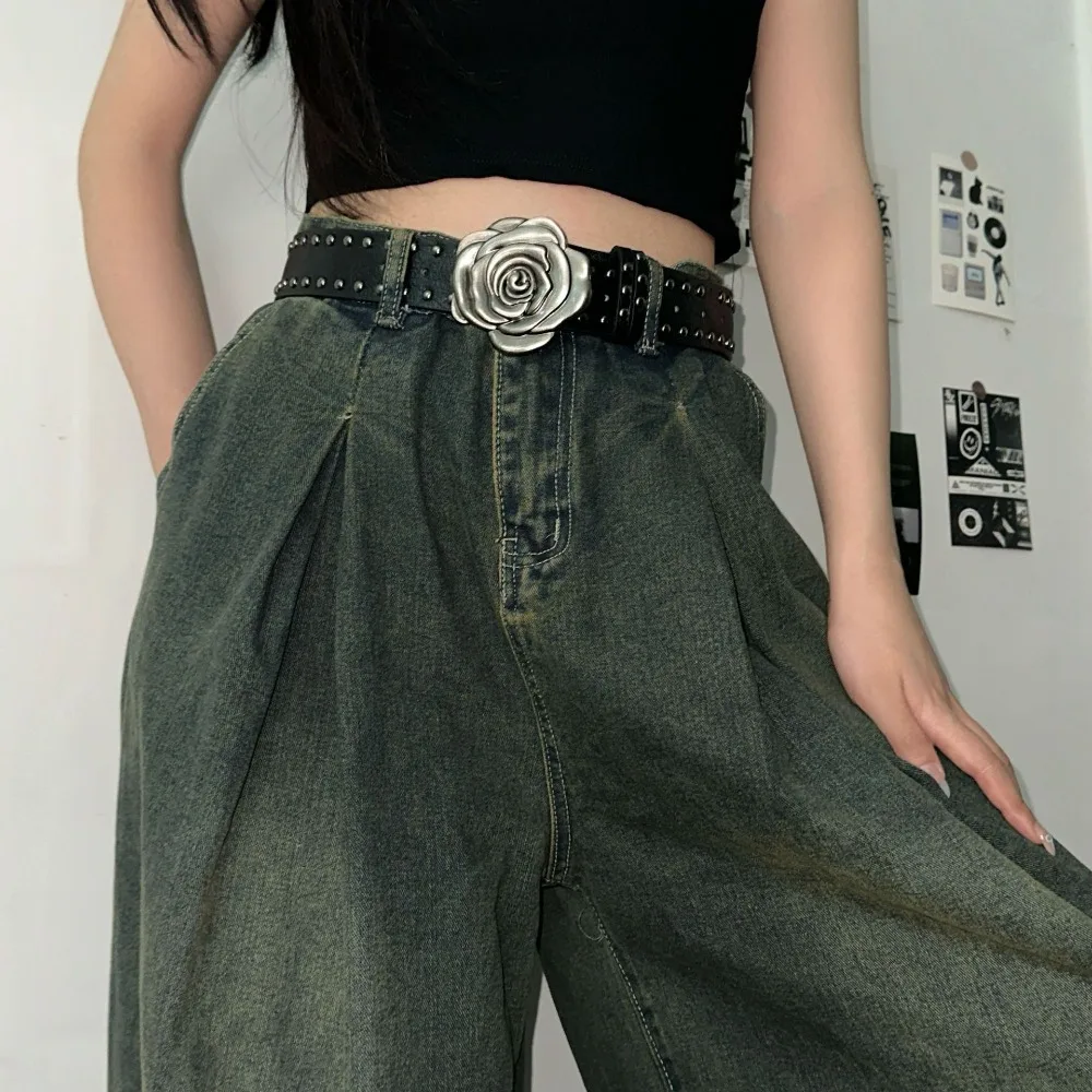 حزام روز بانك للنساء - حزام خصر مرصع بالجلد مع إبزيم، إكسسوار قوطي منفعل للجينز والتنانير