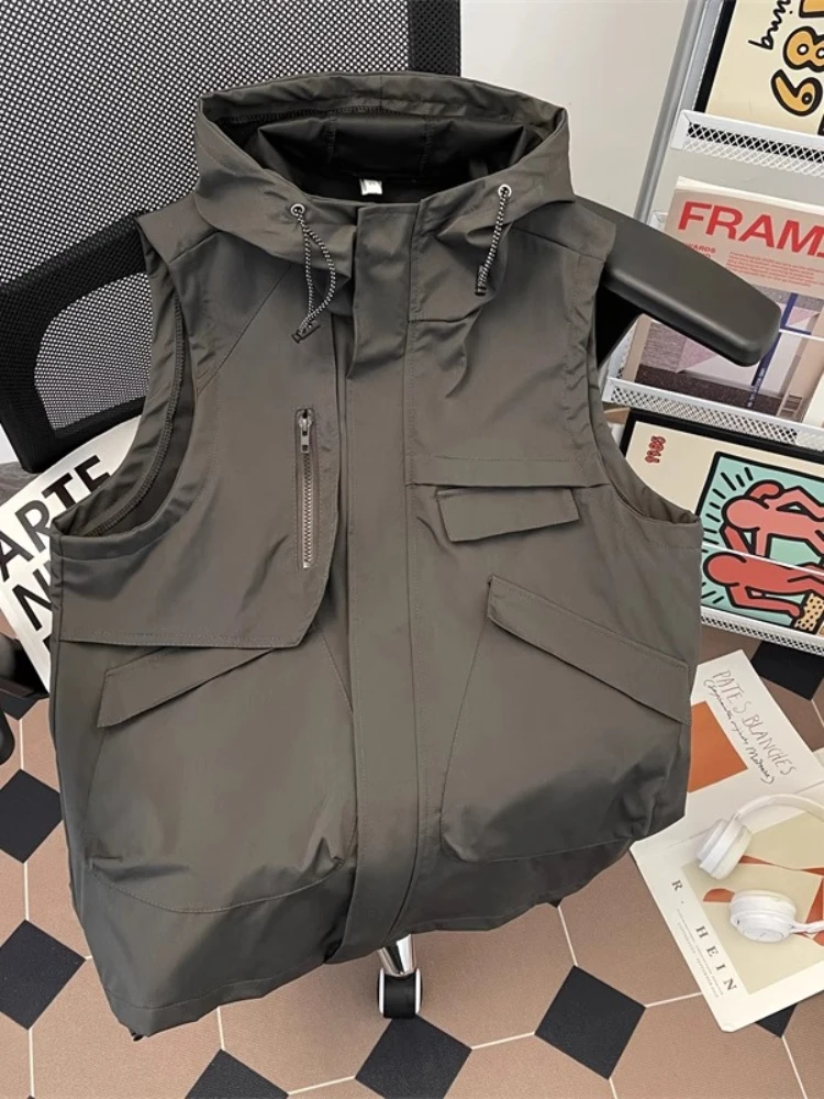 Outdoor Techwear Utility Hooded Vest Men Hooded Multi-Zip Pockets Oversized Sleeveless Solid Summer Casual Coat Tank Top