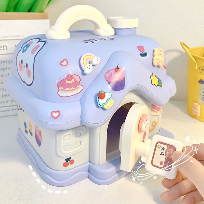 Cute House Piggy Bank With 3D Sticker Kawaii Large Size Safe Money Box Organizer With Key Birthday Gift For Girl Boy Kids Adults