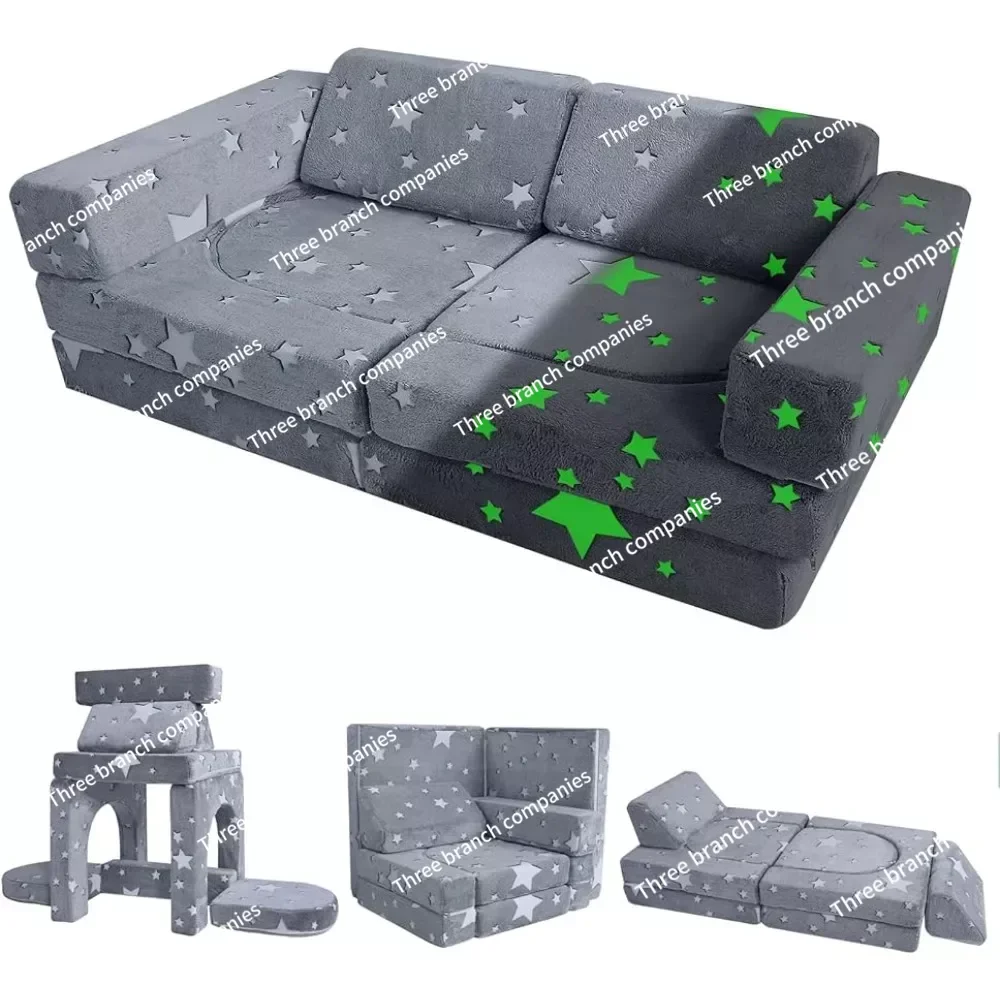 Kids Couch Sofa 10-Piece, Toddler Glow Star Sofa for Playroom, Fold Out Foam Couch for Girl Boy, Convertible Modular Play Set