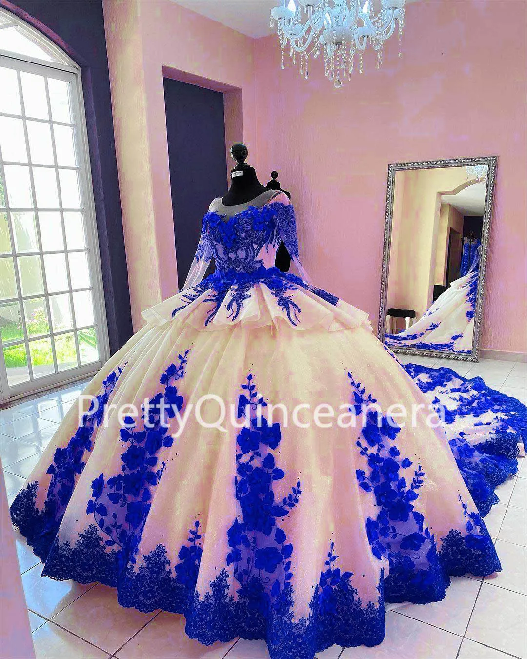 Pretty Long Sleeves Tiered 3D Flowers Scoop Quinceanera Dress Champagne and Red Big Train Ball Gown for Sweet 16 Birthday Party