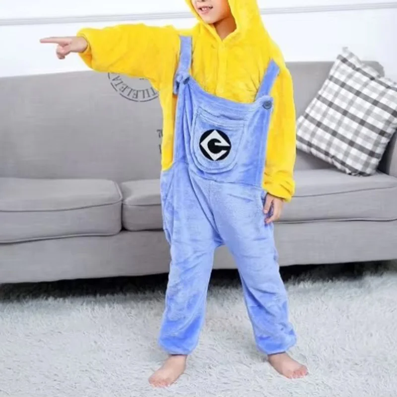 Kids Minions Parenting Cosplay Anime Costume Winter Flannel Kawaii Pajamas Halloween Christmas Clothes