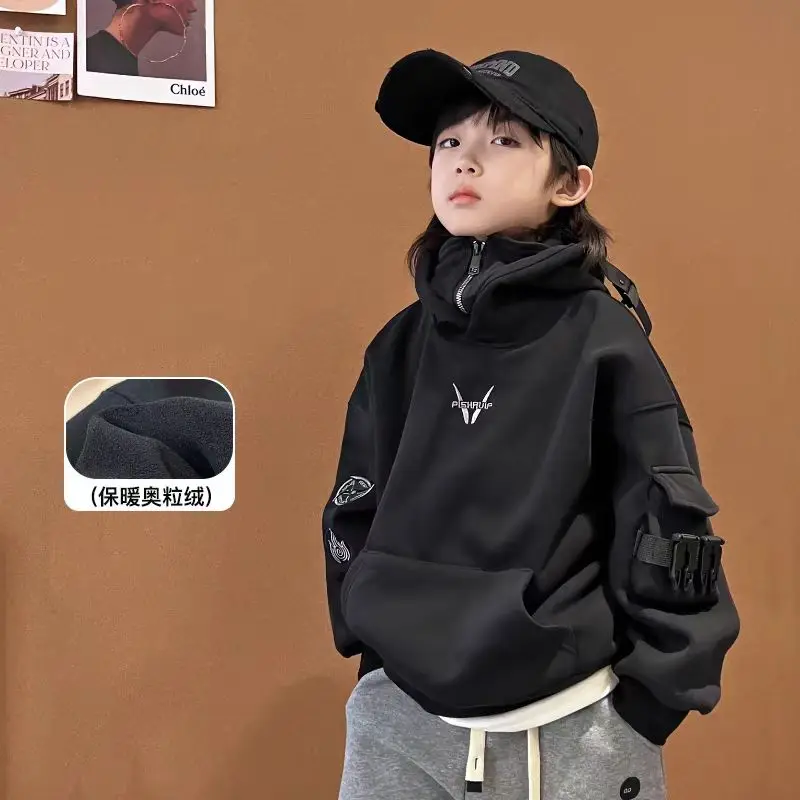 Autumn and Winter Boys' Velvet Hoodie New Style Children's Handsome Hooded Casual Coat Black Loose Top for Young Children