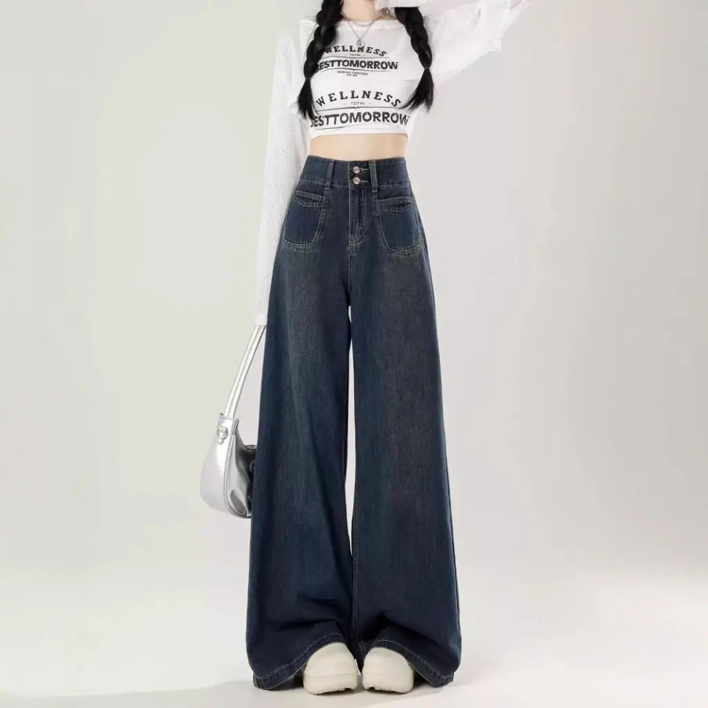 Women's High Waist Wide Leg Jeans American Style Retro plus Size Loose Slim-fit Pants for Spring And Autumn