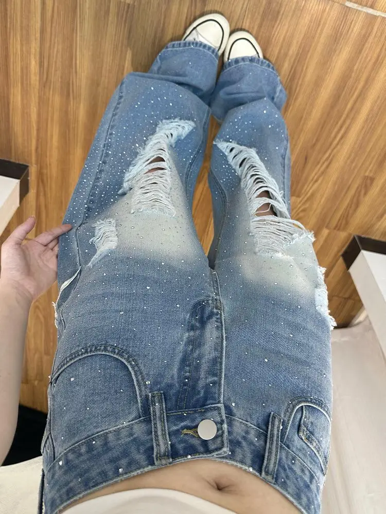 

Women American Vintage Y2K Streetwear Wing Embroidery Jeans 2026 Spring Rhinestone Ripped Hole Design Floor-Length Denim Pants