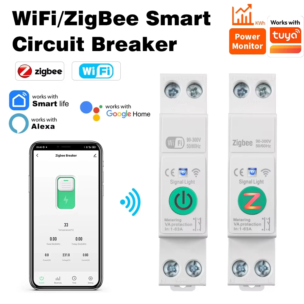 WiFi/Zigbee Smart Circuit Breaker Over Current Under Voltage Protection Power Metering 1-63A 1P+N Smart Life Google Alexa