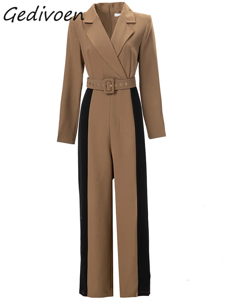 Gedivoen Autumn Fashion Runway Vintage Hit Color Jumpsuit Women Lapel Pockets Sashes Gathered Waist Slim Long Straight Jumpsuit