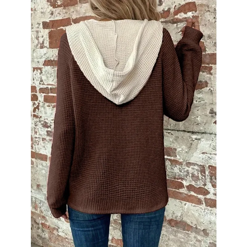 Plus Größe 1XL-5XL Damen Einfarbig Waffel Kapuze Langarm Pullover Lose Fit Knopf Detail Mode Top